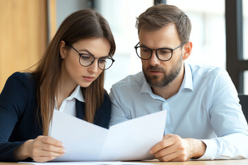 Young businesswoman and middle aged businessman reviewing documents together in modern office setting, showcasing collaboration and focus