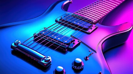 Electric guitar close-up with vibrant blue and pink neon lighting effects