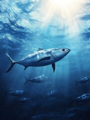 Tuna School Swimming Underwater with Sun Rays in a Blue Ocean
