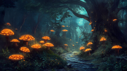 Mystical forest with glowing mushrooms and ancient trees, enchanting, ancient, magical. Enchanted Mushrooms. Illustration