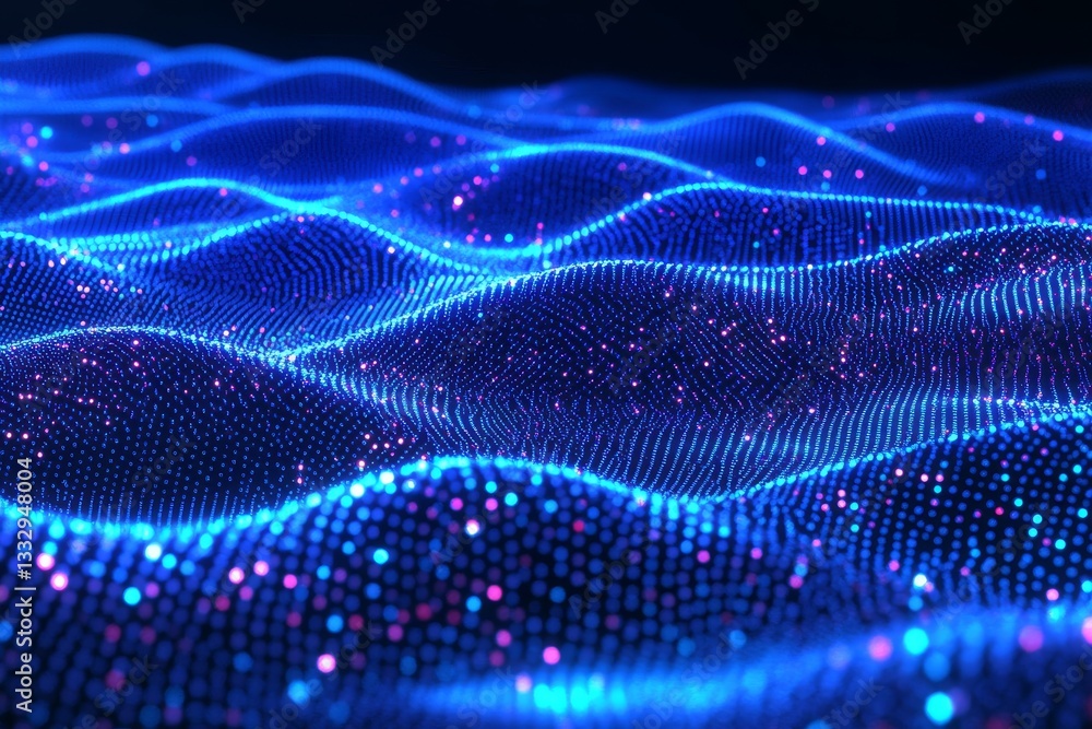 Poster smoothly flowing abstract blue particles create a wave on a black background, softly lit