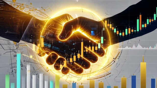 Futuristic animation of two digital hands shaking, glowing with neon lines. As they connect, stock market candlestick charts appear, symbolizing finance, trading, and global business