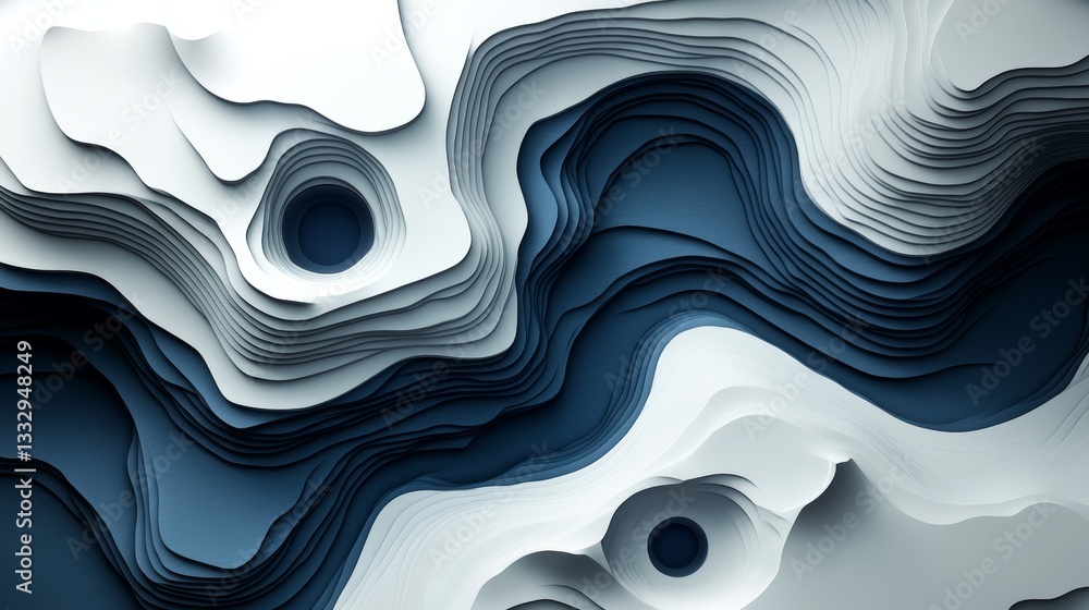 Poster abstract topographic contour lines in 3d, seamlessly moving across a purple and white backdrop