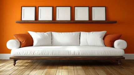 Obraz premium A contemporary living room showcases a white couch with beige cushions, a dual-toned brown wall adorned with framed panels, and distinctive wooden shelves