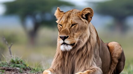 Obraz premium The lion is trying to sleep peacefully in a natural environment with a blurry background.
