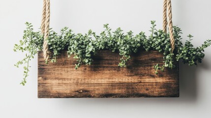 With two ropes holding it up against a white backdrop, a wooden sign is framed by rich green foliage, creating an inviting space for personalized text or images