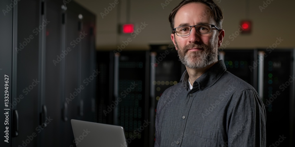 Poster an it professional confidently posing in a server room while holding a laptop, showcasing the import