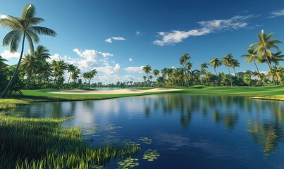 Serene tropical golf course landscape with palm trees and tranquil water reflections