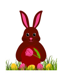 easter bunny with tulip and easter eggs in grass isolated on white background