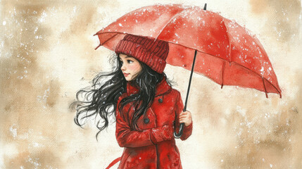 A delicate watercolor artwork of a little girl in a deep red coat, holding a large matching umbrella, as she walks on a rainy day