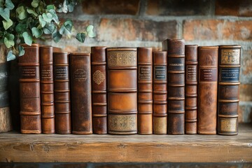 Naklejka premium Five contemporary religious texts are arranged neatly on a rustic wooden shelf, surrounded by a cozy atmosphere and vintage decor elements