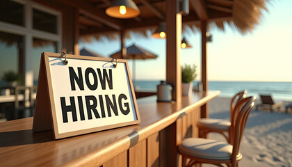Now hiring sign displayed at a beach bar with sunlit ocean view and tropical atmosphere