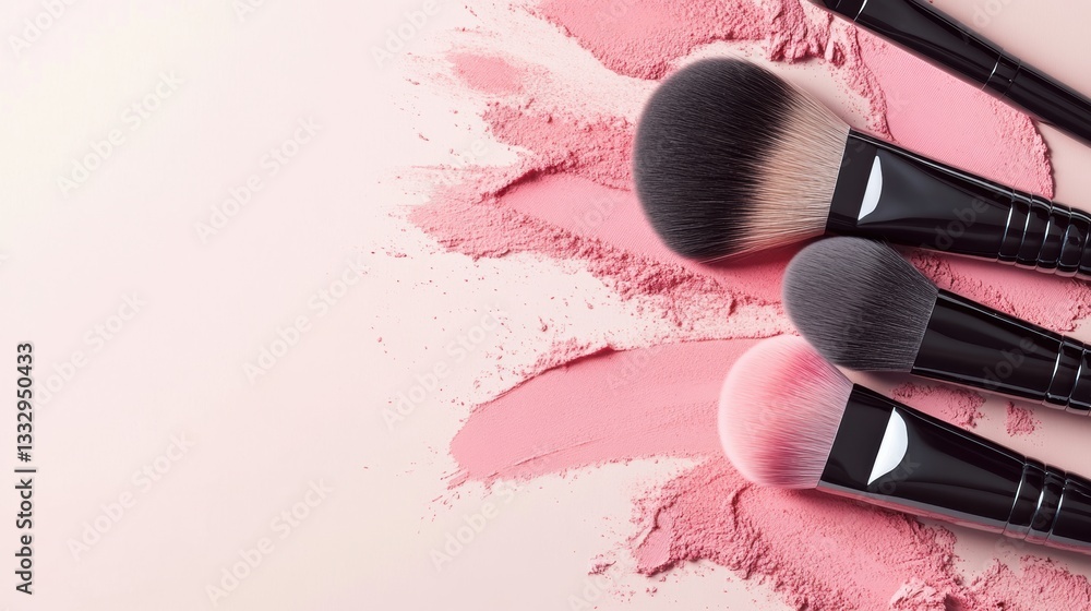Poster Essentials of makeup artistry with blush strokes and brushes in soft pastel tones and minimalist design Generative AI