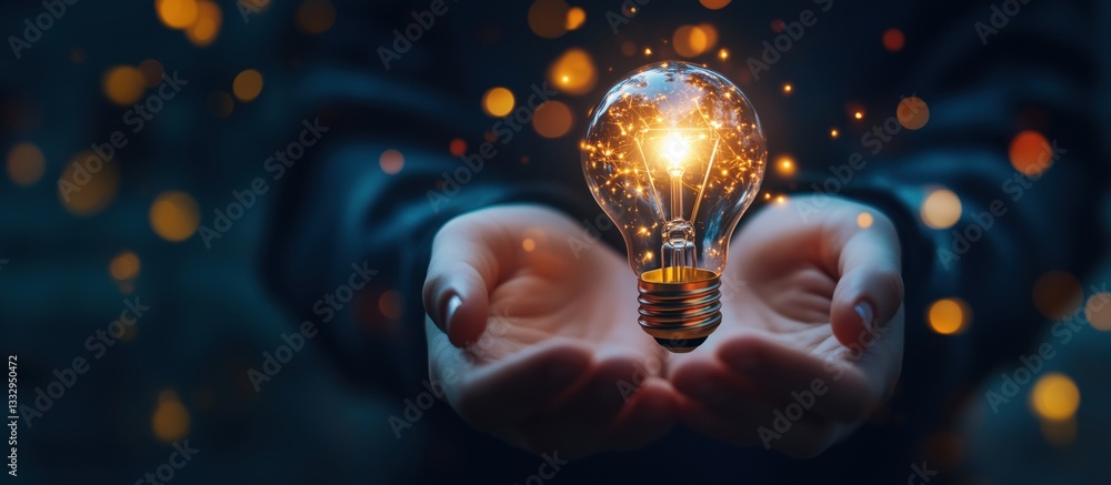 Aufkleber illuminated light bulb held in hands with sparkling effects and bokeh background