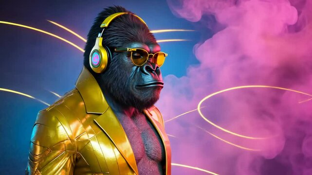 Futuristic and stylish gorilla, dressed in a bright yellow jacket and headphones dancing and enjoying the music.