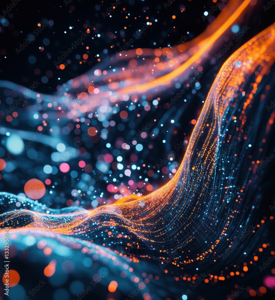 Poster abstract digital waves with glowing particles in vibrant colors and dynamic flow