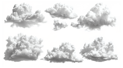 Fluffy White Clouds in Bright Sky Creating a Soft and Dreamy Atmosphere for Backgrounds, Decoration, and Nature Themes, Perfect for Visual Projects and Designs Isolated on White background.