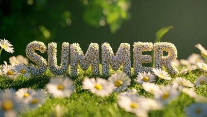 Naklejka premium Colorful flower arrangement spells summer during a bright sunny day in a garden