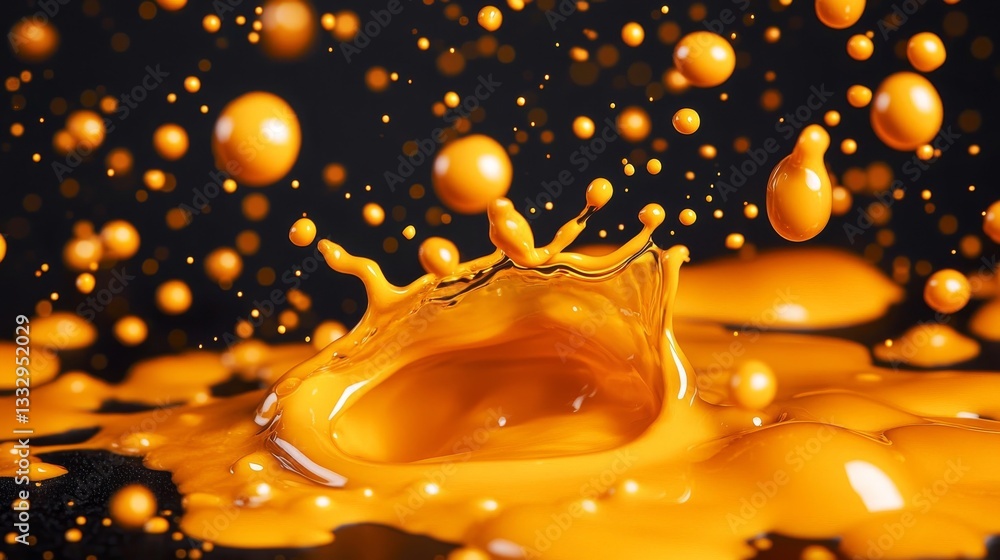 Poster gold paint splatters and drips create a dynamic composition against a dark background, suggesting an