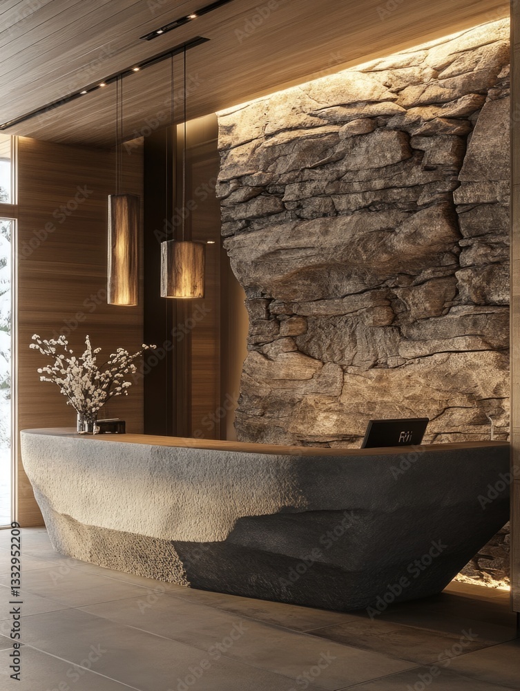 Poster a stone reception area with a stone wall, perfect for use in architectural or design projects