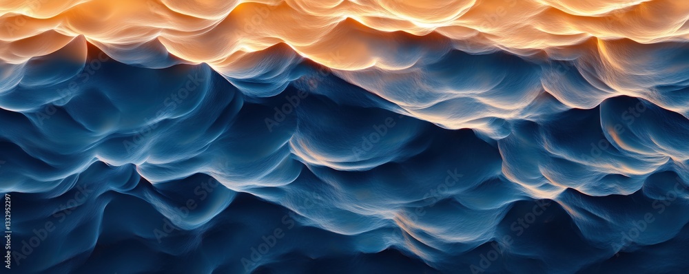 Poster abstract ocean waves in blue and orange hues creating a serene and dynamic visual effect