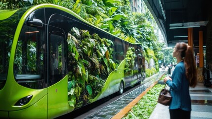 A woman admires an eco-friendly electric bus surrounded by lush greenery, highlighting sustainable real estate properties and convenient transit options