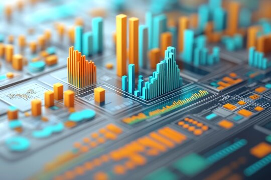 Colorful graphs, and charts illustrate financial data trends and statistics, emphasizing key performance indicators for analysis