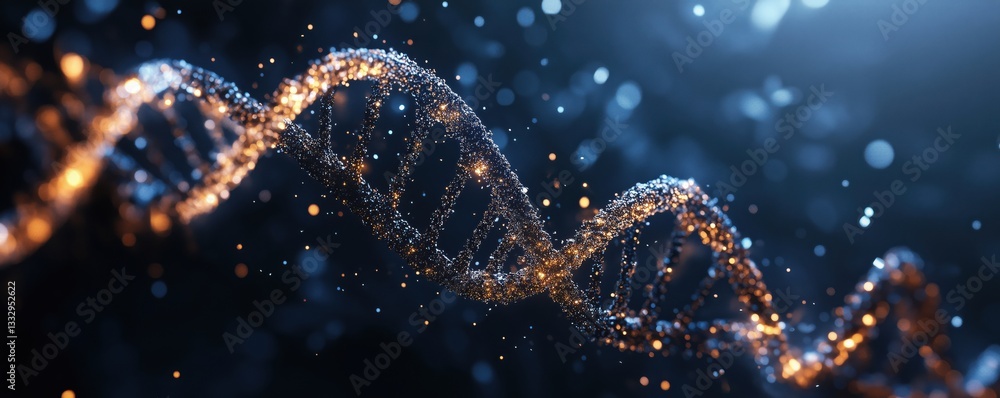 Poster 3d rendering of glowing dna double helix structure with sparkling particles and blue background
