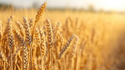 Fototapeta premium Golden Wheat Field at Sunset: Close Up of Ripe Stalks in Warm Sunlight