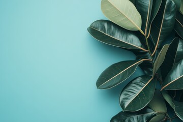 The top right corner features fresh green leaves on a solid teal background, symbolizing peace and development