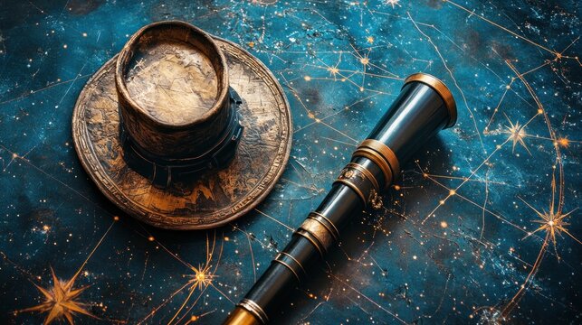 Antique cowboy hat and telescope on a starry map background. - Powered by Adobe