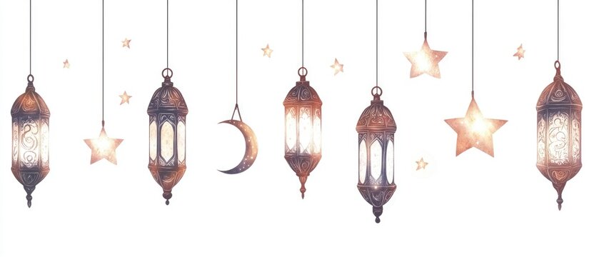 Decorative lanterns with stars and crescent moons, ideal for festive or cultural events