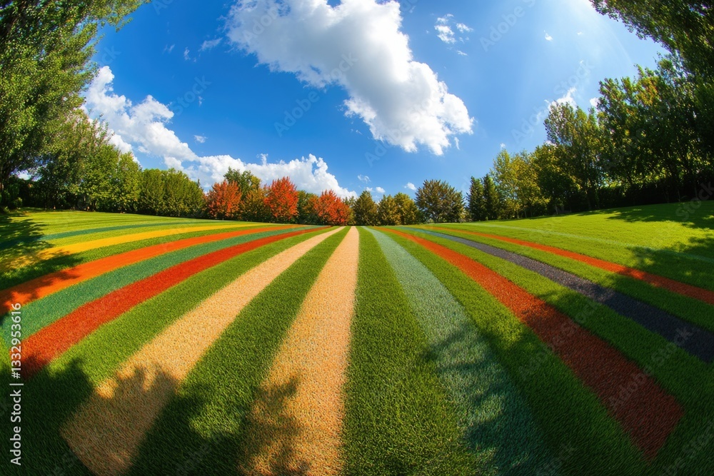 Poster a serene landscape featuring a green field and trees in the background, suitable for use in environm