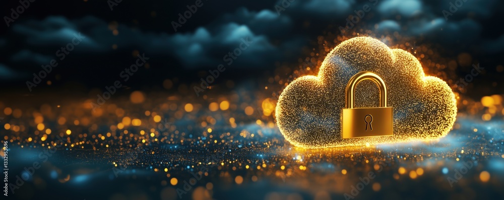 Poster cloud security concept with glowing padlock symbolizing data protection and privacy