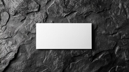 Top view template for business card. Mockup white card on dark grey slate texture background.