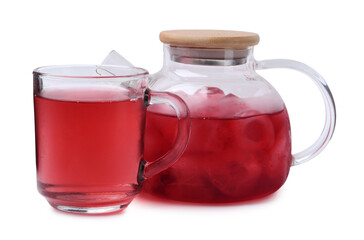 Delicious hibiscus tea with ice isolated on white
