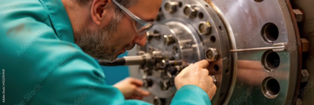 Poster an engineer carefully inspects and works on a sophisticated machine component, showcasing dedication