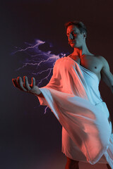 A muscular, athletic figure embodying Zeus, Lightning bolts in hand, and a red warning light...