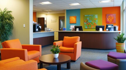 A vibrant office lounge with cozy seating, bright colors, and a coffee station