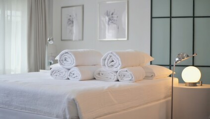 A cozy bedroom features a comfortable bed with neatly stacked towels