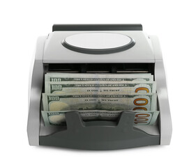 Money counter machine with dollar banknotes isolated on white