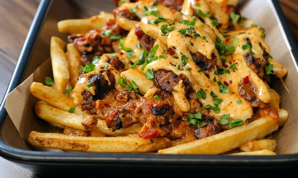Delicious plate of loaded fries topped with savory meat, cheese sauce, and fresh herbs on a wooden table