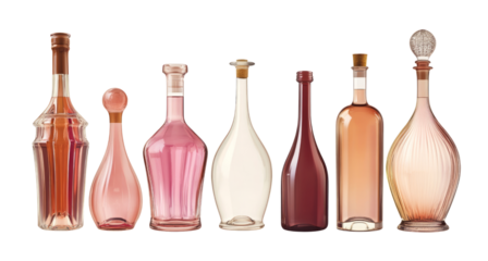 Set of Close-up collection of wine bottles isolated on transparent background.
