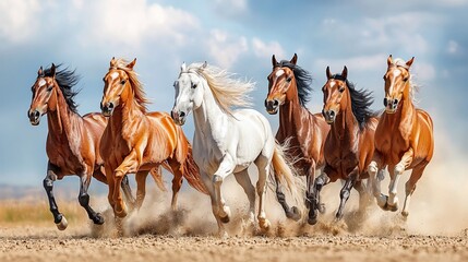 Herd of horses galloping across field, dust flying, sunny day