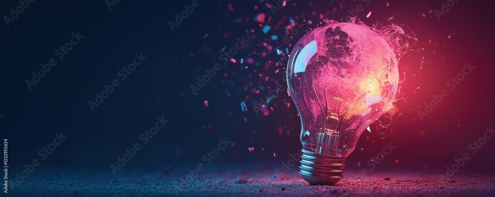 Poster exploding light bulb with colorful sparks and glowing filament on dark background