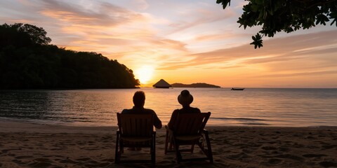 Fototapeta premium A romantic scene of a couple sitting on deck chairs at the beach, admiring a beautiful sunset, emphasizing the serenity and love found in nature's moments.