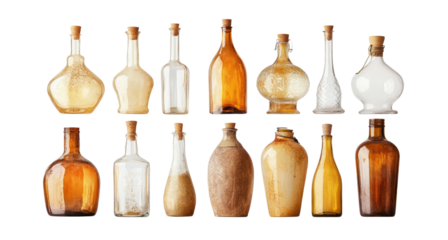 Set of Close-up collection of wine bottles isolated on transparent background.