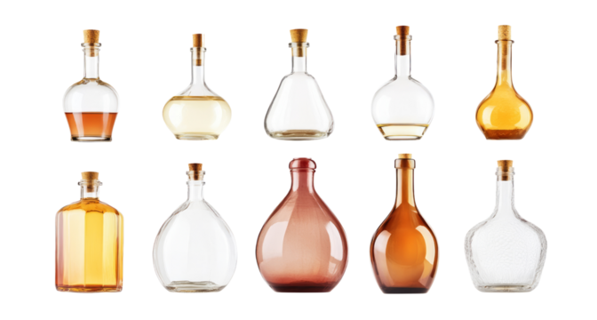 Set of Close-up collection of wine bottles isolated on transparent background.