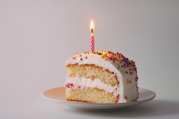 A slice of cake with a lit candle on top, perfect for birthdays or special occasions