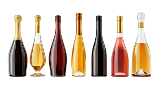 Set of Close-up collection of wine bottles isolated on transparent background.